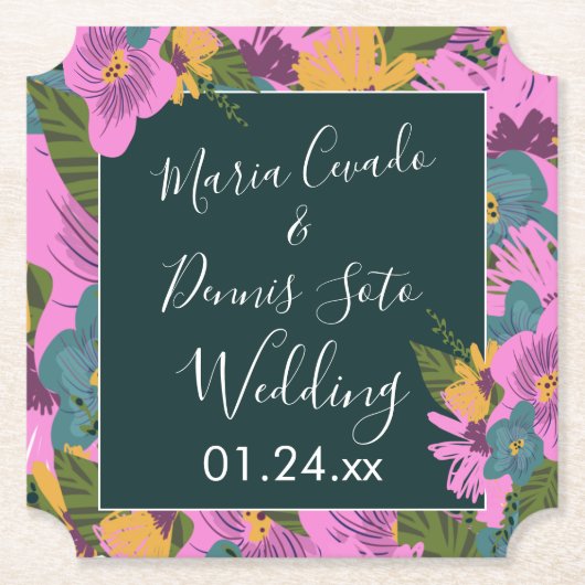 Handgezeichnete Florals Wedding Bold Pink Greeneri Untersetzer (Vorderseite)
