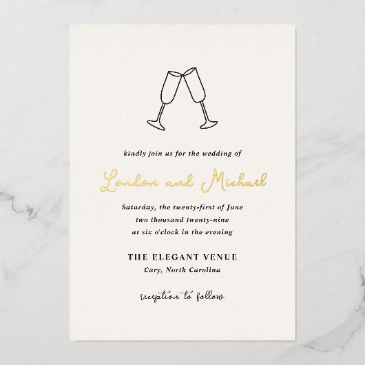 Handgezeichnete Flöten Doodle Moderne Hochzeit Folieneinladung (Vorderseite)