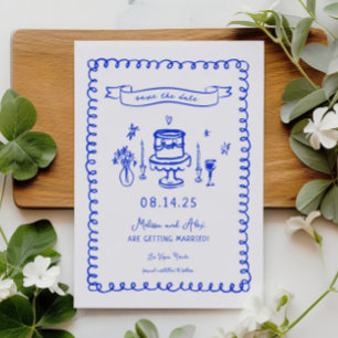 Handgezeichnete französische blaue lustige Hochzei Save The Date