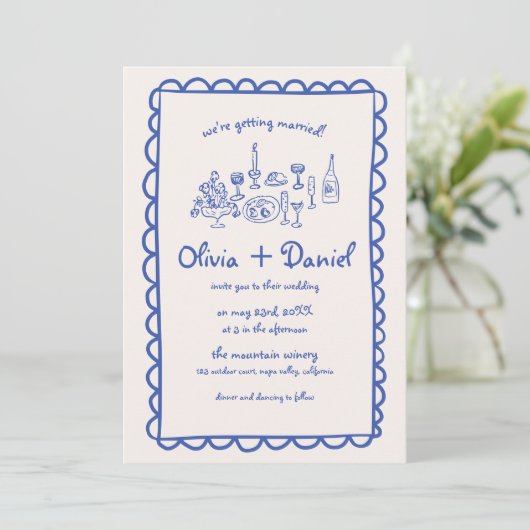 Handgezeichnete Funky Blue Handwriting Wedding Einladung (Stehend Vorderseite)