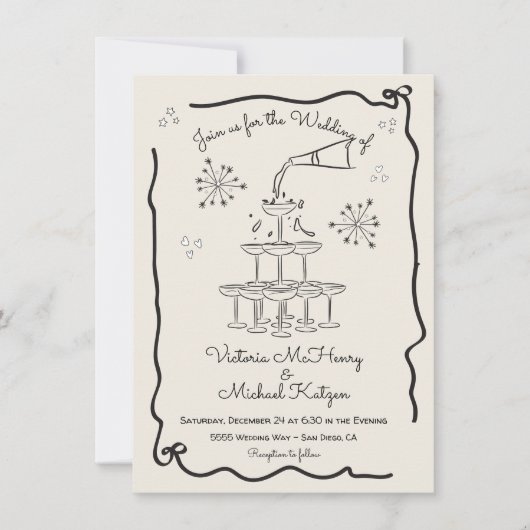 Handgezeichnete Funky Champagne Hochzeit Einladung (Vorderseite)