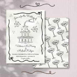 Handgezeichnete Funky Champagne Hochzeit Einladung