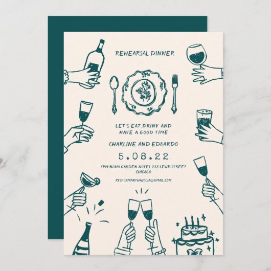 Handgezeichnete Funky Contemporary Probe Dinner Einladung (Vorne/Hinten)