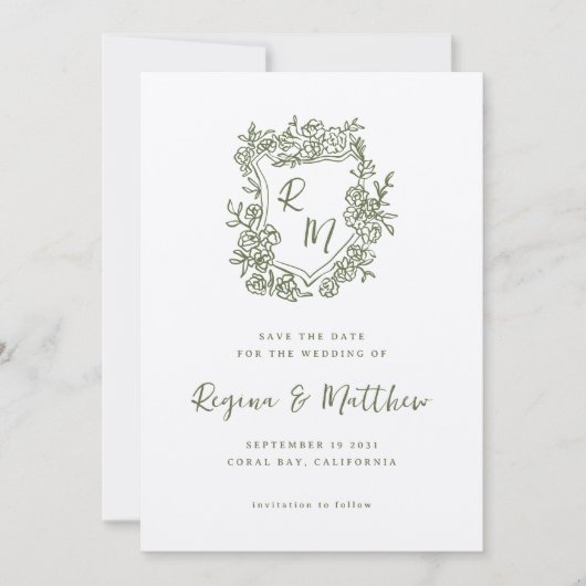 Handgezeichnete Funky Floral Wappen Monogram Weddi Save The Date (Vorderseite)