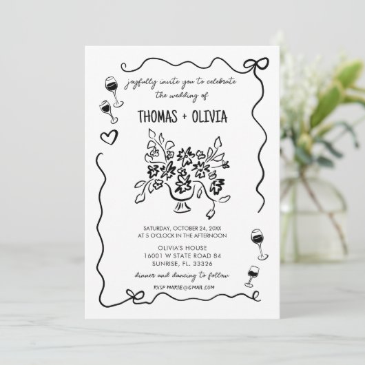 Handgezeichnete Funky Whimsical Wedding Einladung (Stehend Vorderseite)