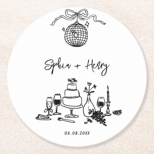 Handgezeichnete funky Whimsical Wedding Runder Pappuntersetzer (Vorderseite)