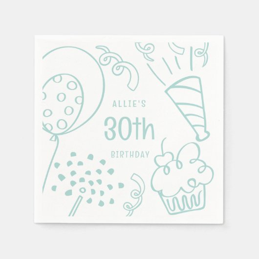 Handgezeichnete Geburtstagspartei jedes Alters Pas Serviette (Vorderseite)