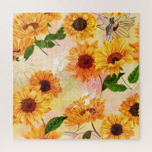 Handgezeichnete gelbe Sonnenblumen Wasserfarben Mu Puzzle