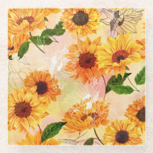 Handgezeichnete gelbe Sonnenblumen Wasserfarbmuste Glasuntersetzer