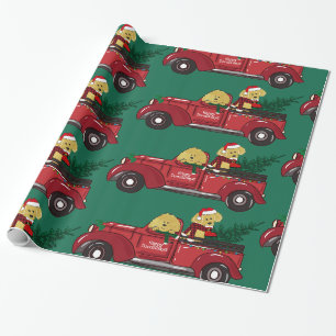 Handgezeichnete Goldendoodles roter Weihnachts-LKW Geschenkpapier