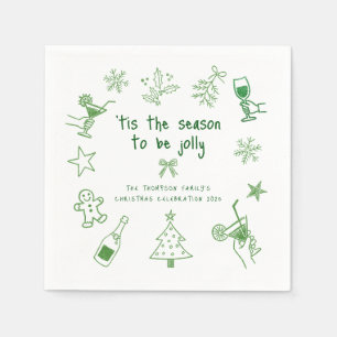 Handgezeichnete grüne Glitter-Doodle-Weihnachtsfei Serviette