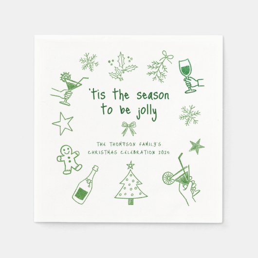 Handgezeichnete grüne Glitter-Doodle-Weihnachtsfei Serviette (Vorderseite)