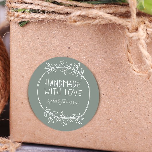 Handgezeichnete, grüne Handarbeit mit Liebe Runder Aufkleber
