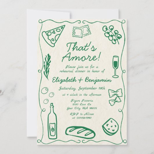 Handgezeichnete grüne Retro Italienische Probe Abe Einladung (Vorderseite)