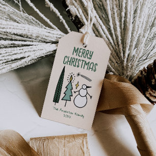 Handgezeichnete grüne Weihnachtsbäume Schneemann Geschenkanhänger