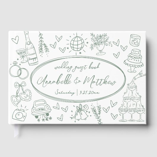 Handgezeichnete grüne Whimsikensehen Gästebuch (Vorderseite)