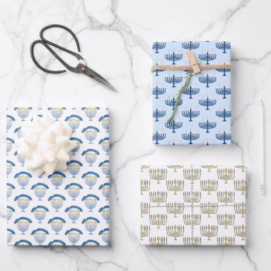 Handgezeichnete Hanukkah-Menora-Kerzen Geschenkpapier Set (Vorderseite)