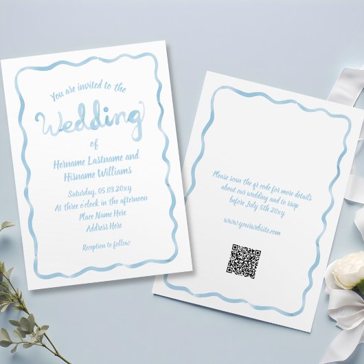 Handgezeichnete hellblaue Wavy Frame QR UAWG Weddi Einladung