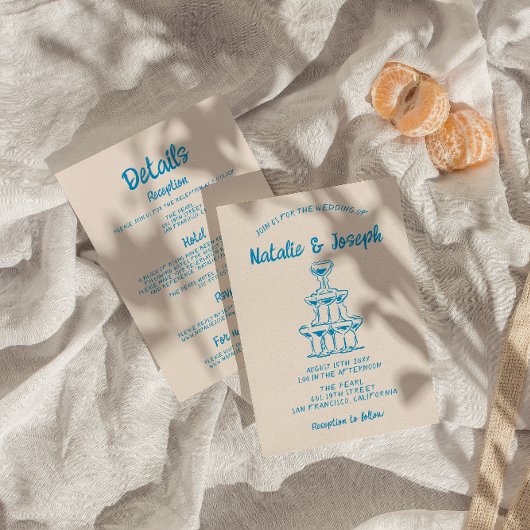 Handgezeichnete Hochzeit in einem blauen Champagne Einladung