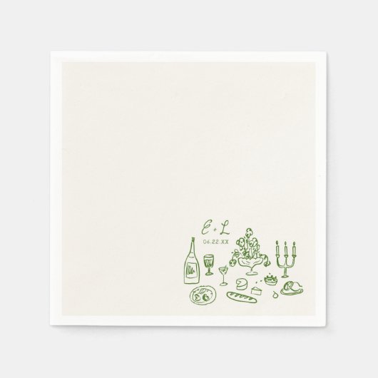 Handgezeichnete Hochzeitsessen-Initialen Serviette (Vorderseite)
