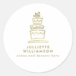 Handgezeichnete Hochzeitskuchen Weiß & Gold Runder Aufkleber