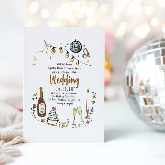 Handgezeichnete Illustrationen Doodles Funky Weddi Einladung