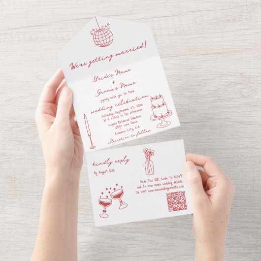 Handgezeichnete Illustrationen Doodles Maroon Hoch All In One Einladung (Abreißen)