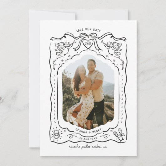 Handgezeichnete illustrierte Tinte Cherub Herzen B Save The Date (Vorderseite)