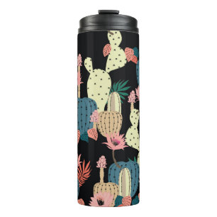 Handgezeichnete Kakteenpflanze und Blumen Nahtlose Thermosbecher