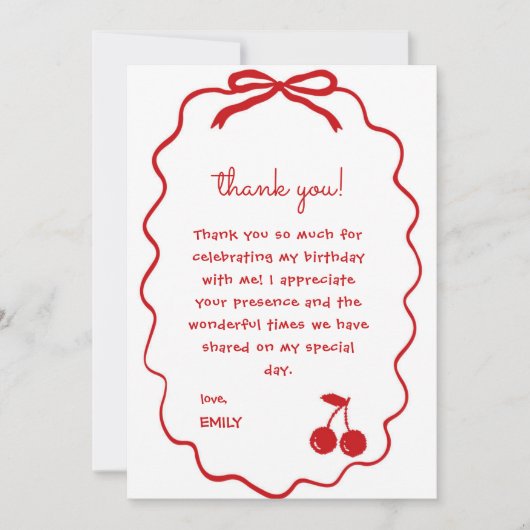 Handgezeichnete Kirsche auf oberer Whimsikkirsche Dankeskarte (Vorderseite)