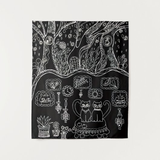 Handgezeichnete, komplizierte Katzen Wandteppich (Vorderseite)