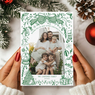 Handgezeichnete Kritzel-Bow-Grün-Bogen-Foto-Weihna Feiertagskarte