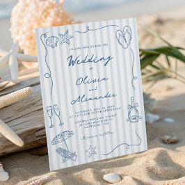Handgezeichnete Küsten-Hochzeit in staubigem Blau  Einladung