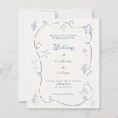 Handgezeichnete Küstenblaue Elfenbein-Hochzeitsein (Vorderseite)
