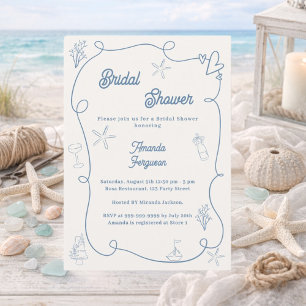 Handgezeichnete Küstenhochzeit Dusty Blue Elfenbei Einladung