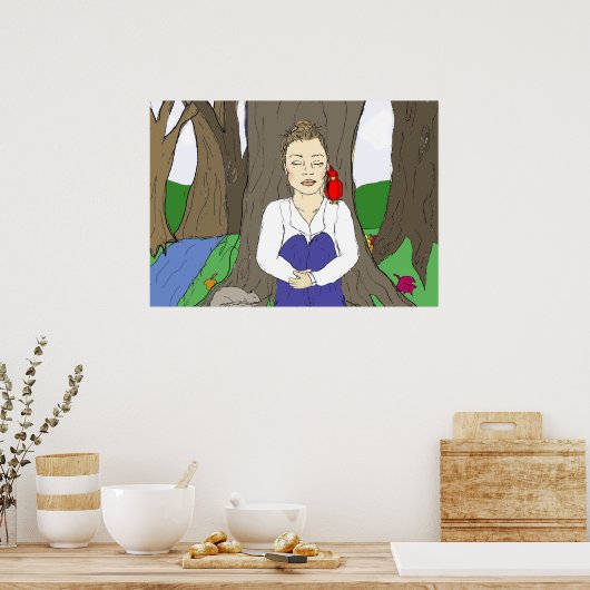 Handgezeichnete Lady Meditating im Wald Poster (Küche)