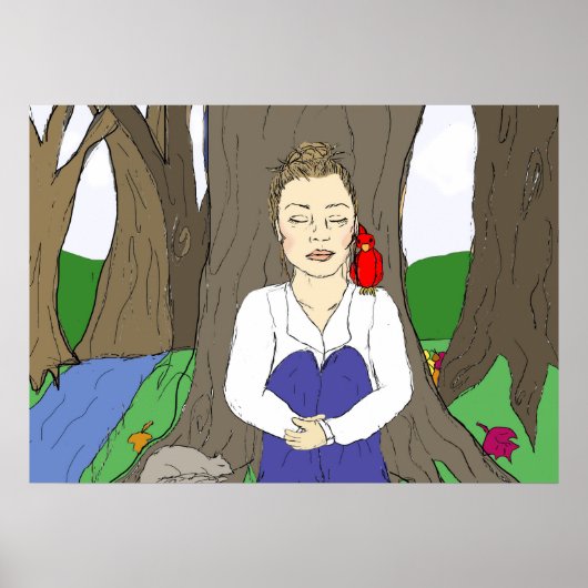 Handgezeichnete Lady Meditating im Wald Poster (Vorne)