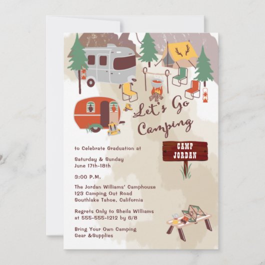 Handgezeichnete Lassenden Go-Camping-Absolventpart Einladung (Vorderseite)