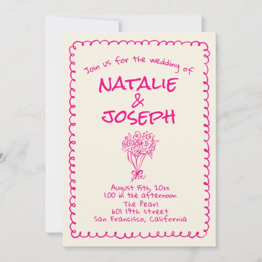 Handgezeichnete, lebhafte, rosa Retro Doppelseitig Einladung (Vorderseite)
