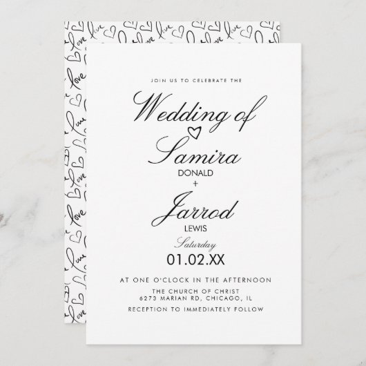 Handgezeichnete Liebe und Herz-Doodle-Hochzeit Einladung (Vorne/Hinten)