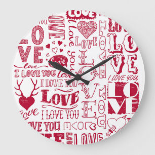 Handgezeichnete Liebesdoodles, charmanter Muster. Große Wanduhr