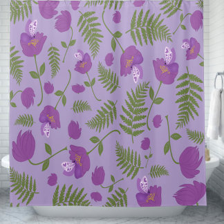 Handgezeichnete lila Blumen & Farne Duschvorhang