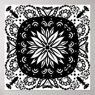 Handgezeichnete Mandala-Doodle-Kunst Schwarz Weiß Poster