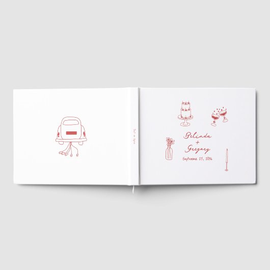 Handgezeichnete Maroon Illustrations Doodles Hochz Gästebuch (Voll)