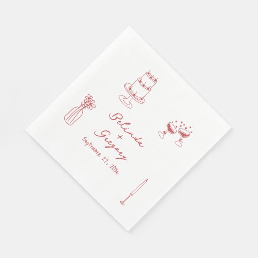 Handgezeichnete Maroon Illustrations Doodles Hochz Serviette (Ecke)