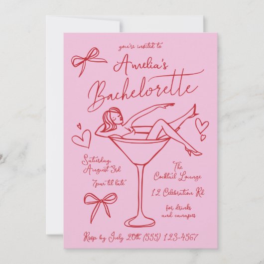 Handgezeichnete Martini Bachelorette Einladung nac (Vorderseite)