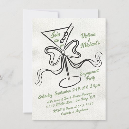Handgezeichnete Martini Bow Funky Engagement Party Einladung (Vorderseite)