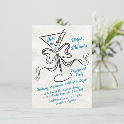 Handgezeichnete Martini Bow Funky Engagement Party Einladung (Stehend Vorderseite)