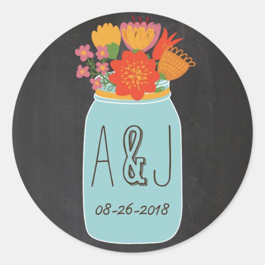 Handgezeichnete Mason Jar und Blume Chalkboard Mon Runder Aufkleber (Vorderseite)