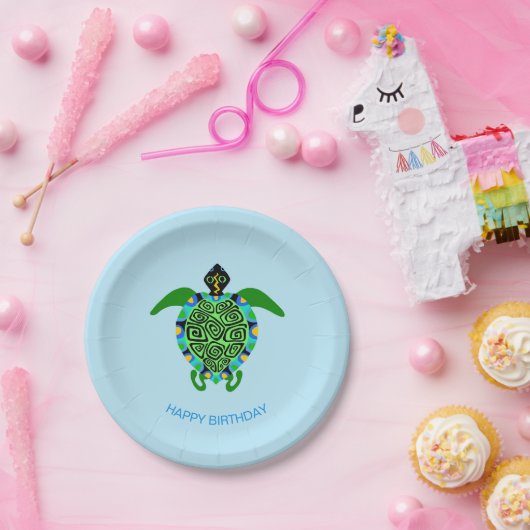 Handgezeichnete Meeresschildkröte - Happy Birthday Pappteller (Party)